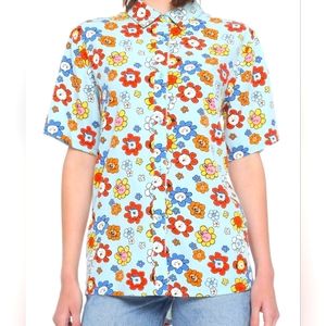 BT21 Woman Girl Floral Blue Woven Button-Up Shirt Hot Topic Size MD